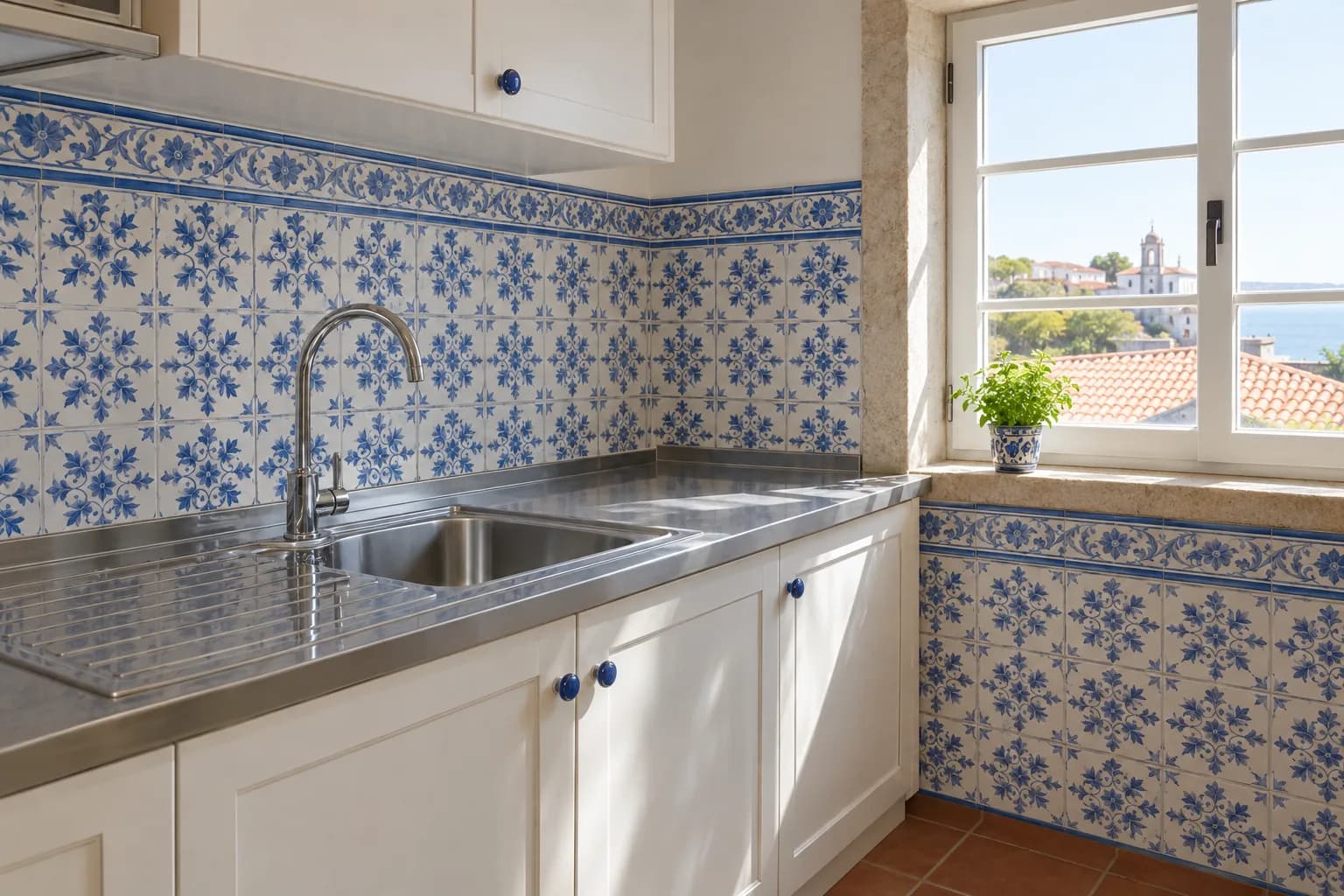 Cozinha com um lava-loiça de aço, armários brancos e parede de azulejos azuis e brancos, com uma janela aberta para telhados