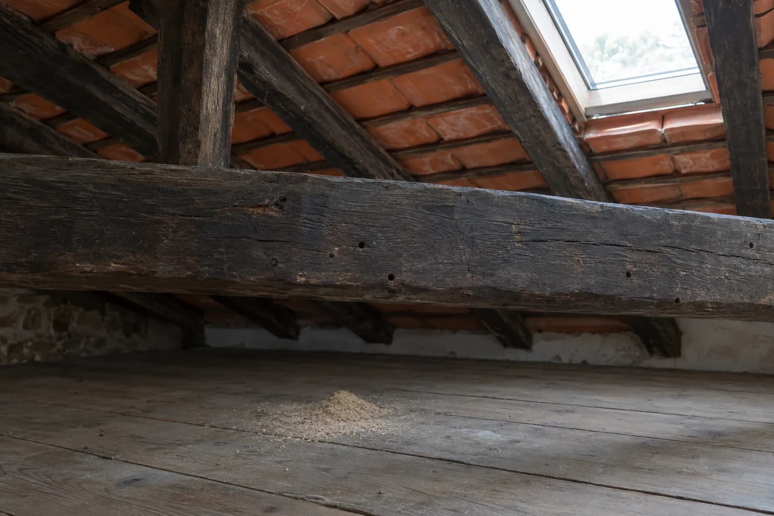 Viga escura de um sótão de uma casa portuguesa, com pequenos orifícios redondos na madeira e um montinho de pó fino no soalho por baixo