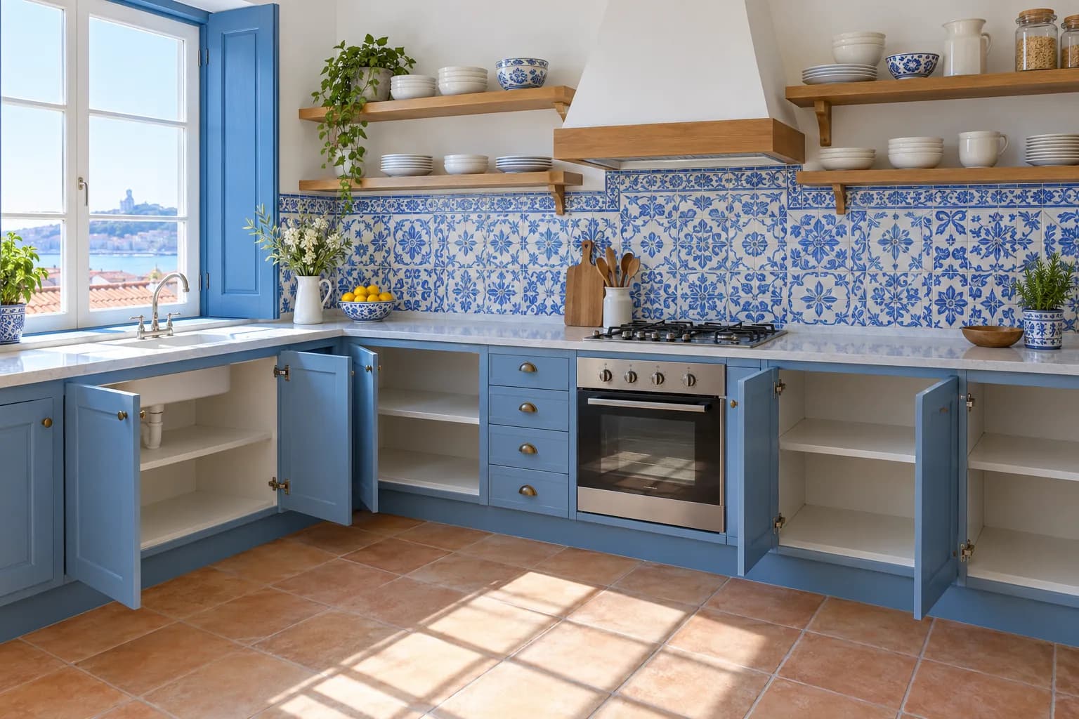 Cozinha portuguesa com azulejos azuis e brancos, armários baixos azuis com todas as portas abertas e prateleiras vazias, e chão de mosaico de barro