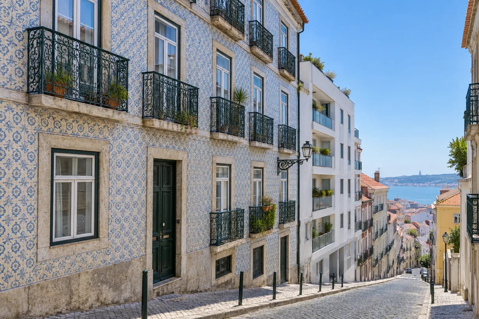 Rua inclinada de Lisboa com um prédio antigo forrado a azulejos azuis e varandas de ferro forjado, e um prédio branco mais recente ao lado