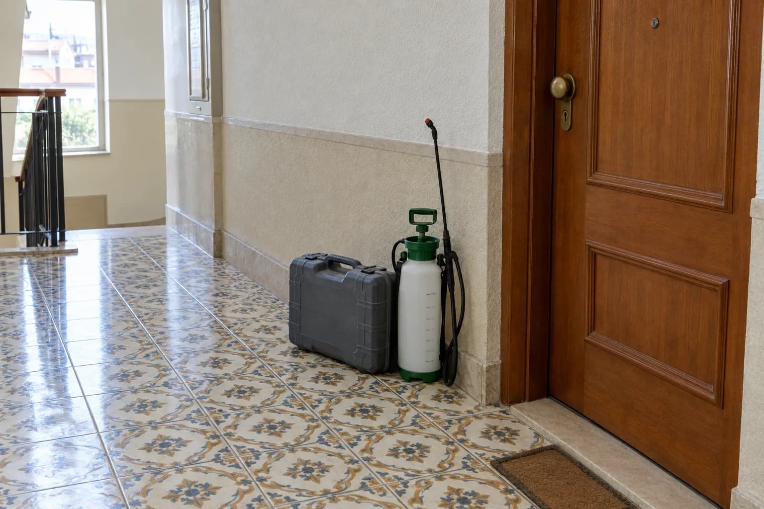 Patamar de um prédio português com chão de mosaico, uma mala de ferramentas cinzenta e um pulverizador de bomba encostados à parede junto a uma porta de madeira
