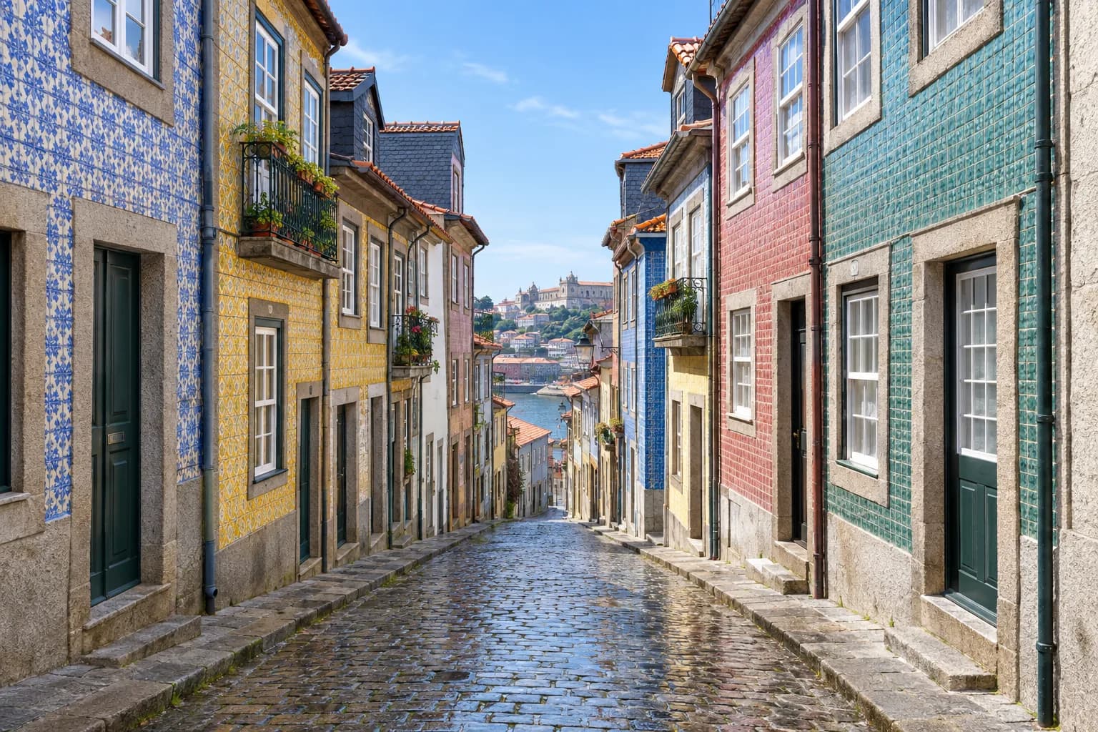 Rua de calçada molhada no Porto, com casas estreitas de granito e fachadas forradas a azulejos azuis, amarelos, vermelhos e verdes, e o rio ao fundo