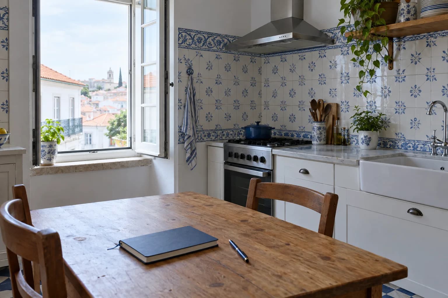 Cozinha de um apartamento português com azulejos brancos e azuis, uma mesa de madeira com um caderno e uma janela aberta para telhados