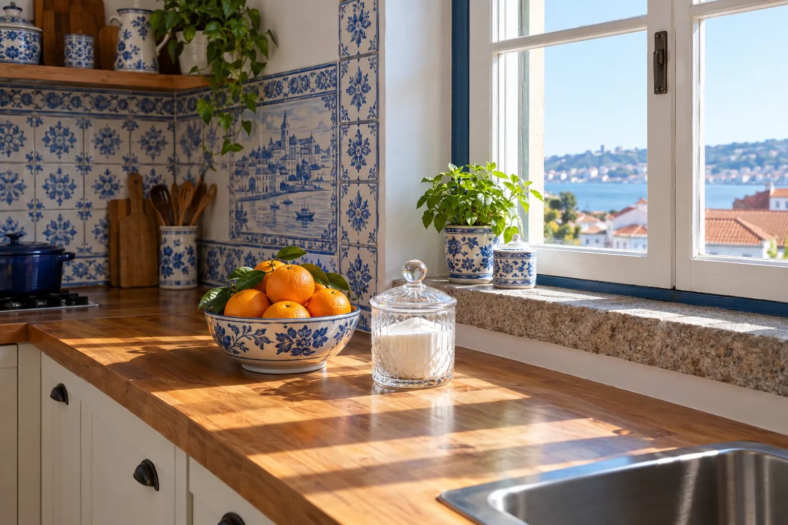 Cozinha portuguesa com azulejos azuis e brancos, uma bancada de madeira ao sol junto à janela, com uma taça de laranjas e um frasco de açúcar