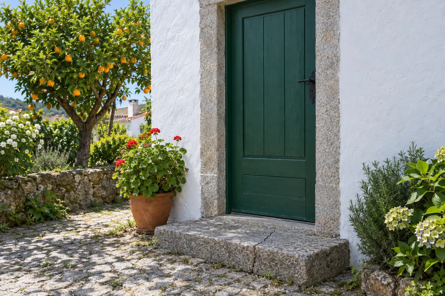 Soleira de granito rachada à porta verde de uma casa caiada, com um quintal de laranjeira, gerânios e muro de pedra