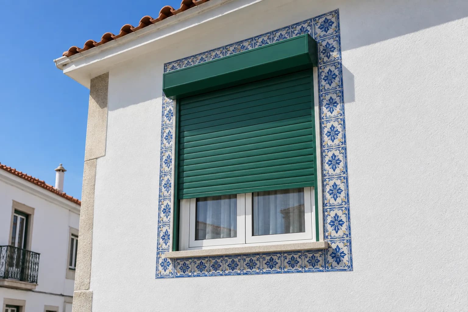 Fachada branca de um prédio português com uma janela emoldurada por azulejos azuis e, acima dela, uma caixa de estore verde fechada, sob o beiral do telhado
