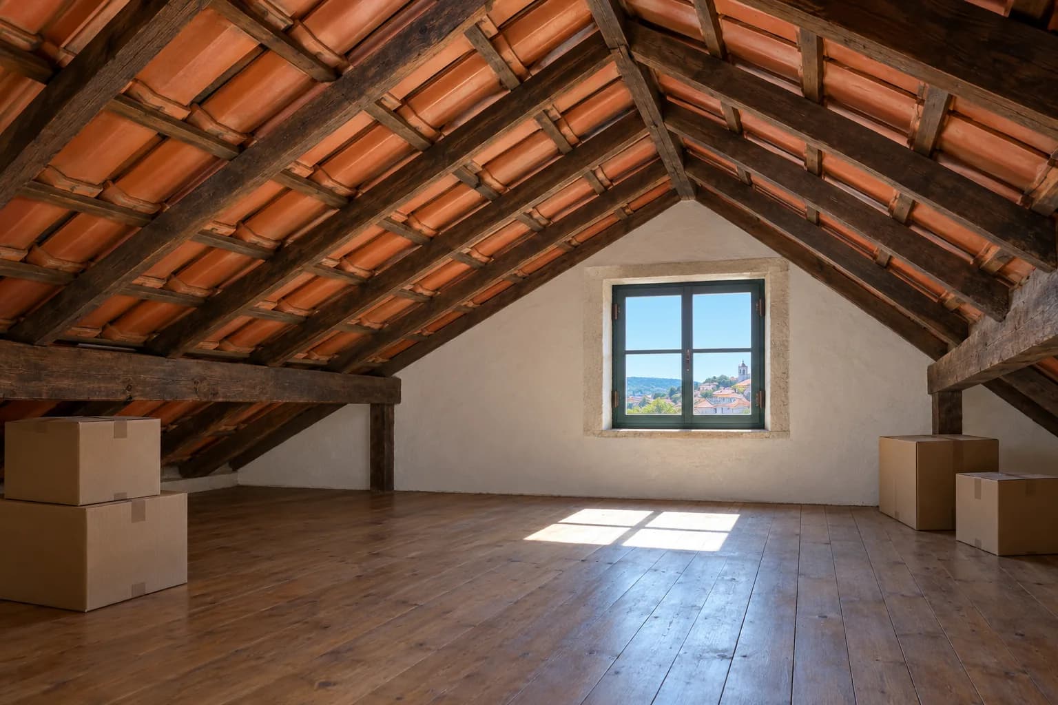 Sótão de uma casa portuguesa tradicional, com telhas de barro vistas por baixo, vigas de madeira escura e uma janela pequena que deixa entrar a luz do dia