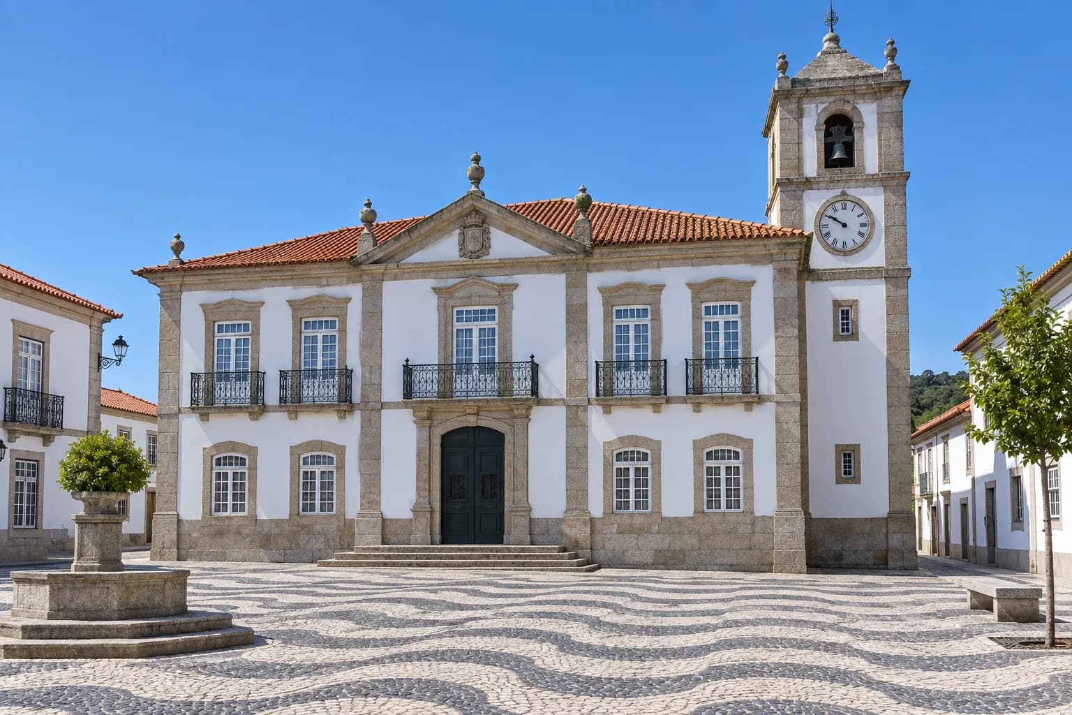Edifício de uma câmara municipal portuguesa, de granito e paredes brancas, com telhado de telha e torre do relógio, numa praça com calçada portuguesa