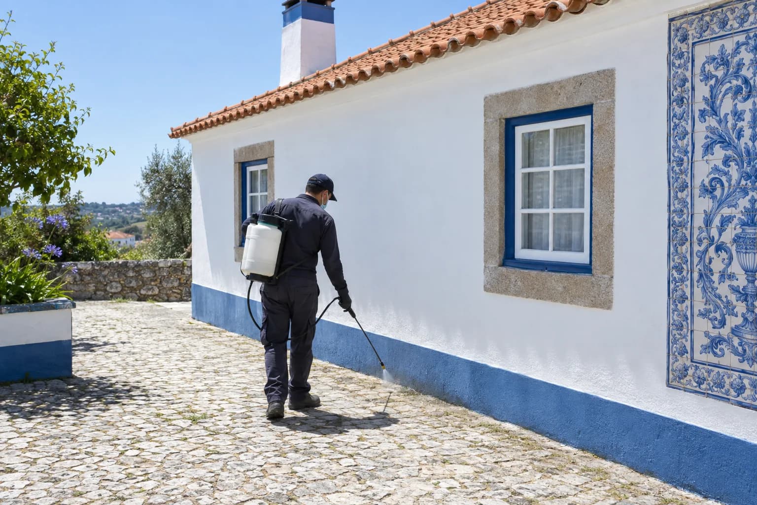 Técnico de controlo de pragas a tratar a base da parede exterior de uma casa branca com telhado de telha