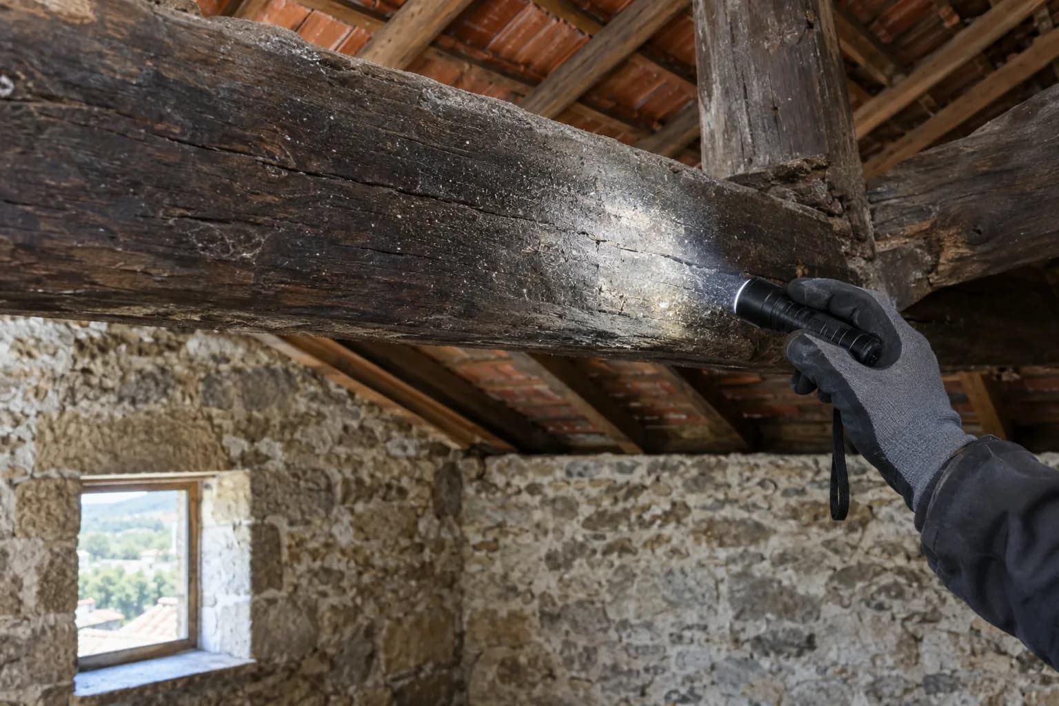 Mão com lanterna a inspecionar uma viga de madeira antiga