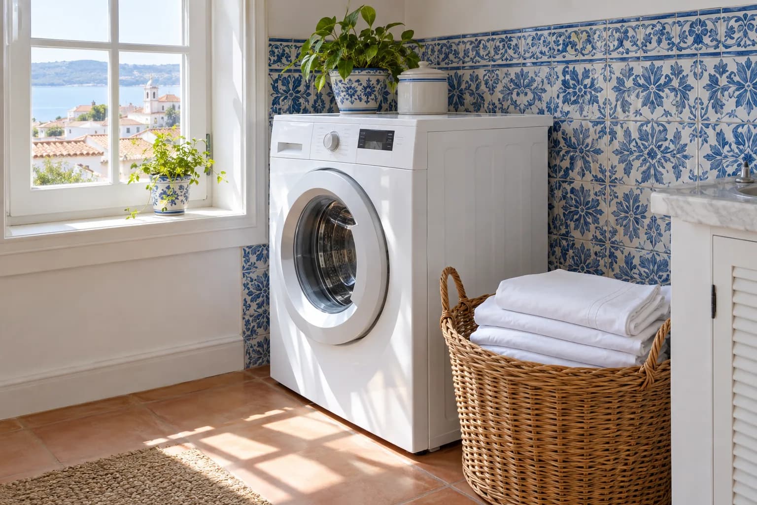 Máquina de lavar roupa e um cesto de vime com lençóis brancos dobrados, junto a uma parede de azulejos azuis e brancos